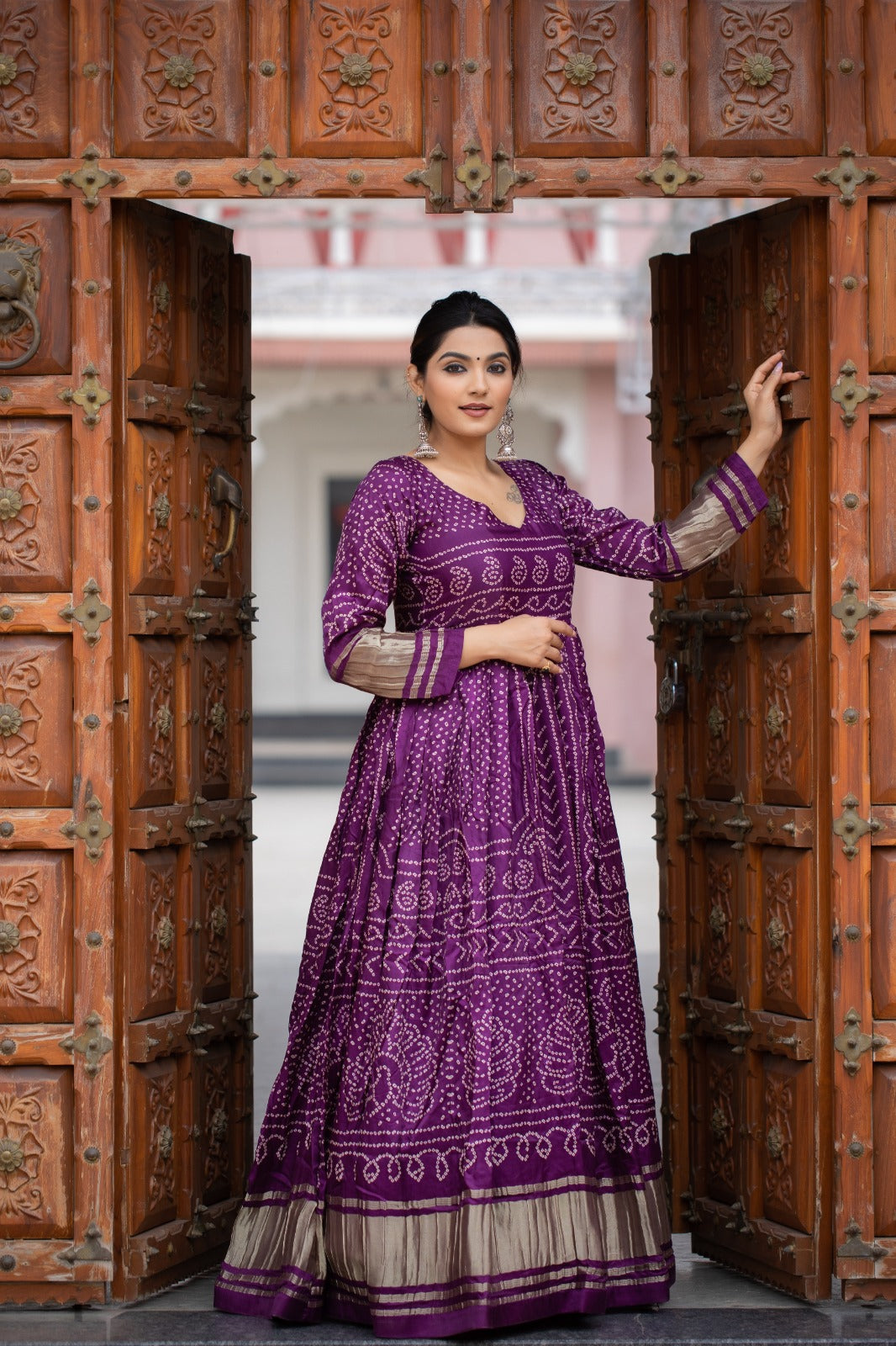 Wine Gaji Silk With Bandhej Print Gown