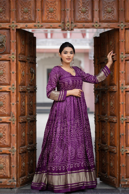Wine Gaji Silk With Bandhej Print Gown