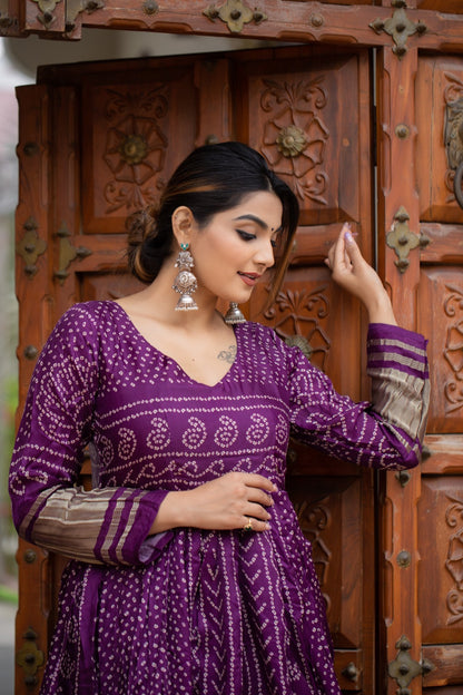 Wine Gaji Silk With Bandhej Print Gown