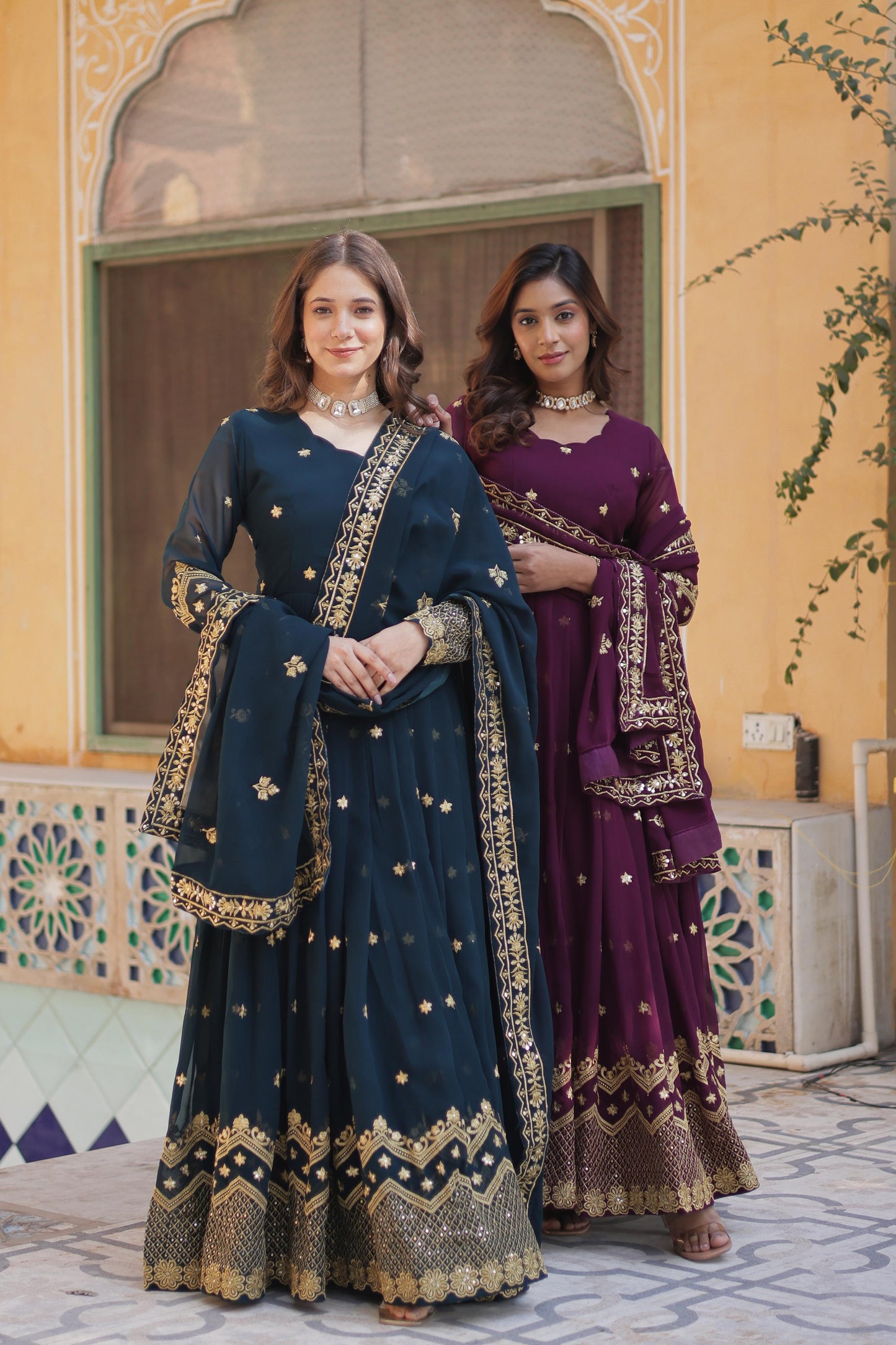 Designer Faux Georgette with Zari & Sequins Embroidery Gown With Dupatta