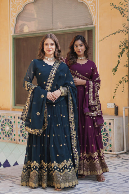 Designer Faux Georgette with Zari & Sequins Embroidery Gown With Dupatta