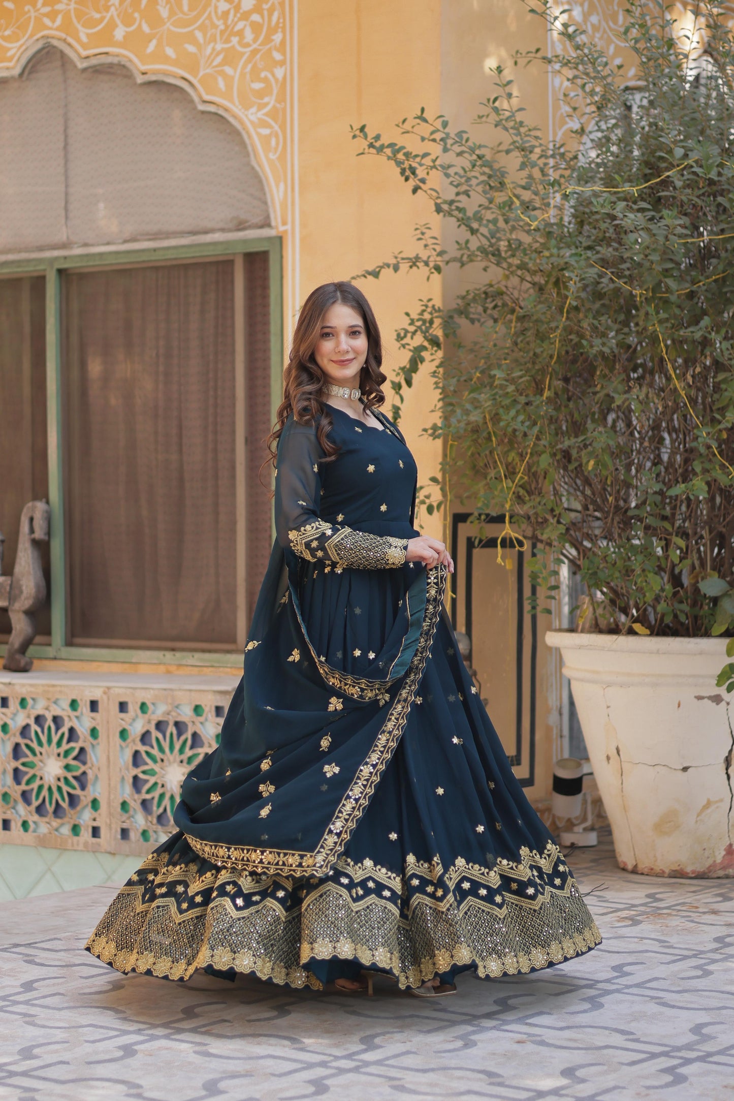 Designer Faux Georgette with Zari & Sequins Embroidery Gown With Dupatta