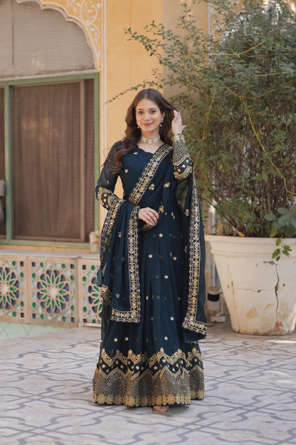 Designer Faux Georgette with Zari & Sequins Embroidery Gown With Dupatta