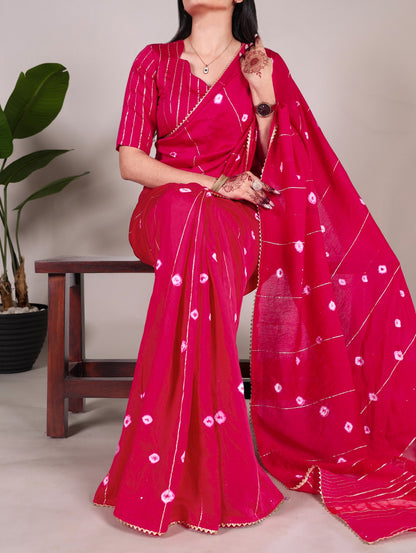 Pink Viscose Chanderi With Gota Patti Lace Border Saree