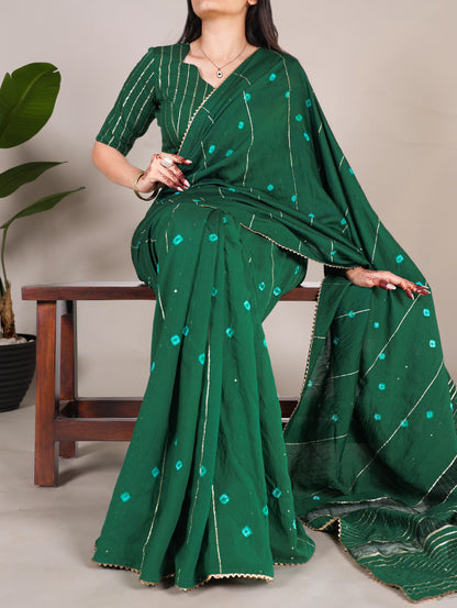 Green Viscose Chanderi With Gota Patti Lace Border Saree