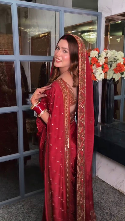 Beautiful Red Japan Satin Silk Saree With Dupatta