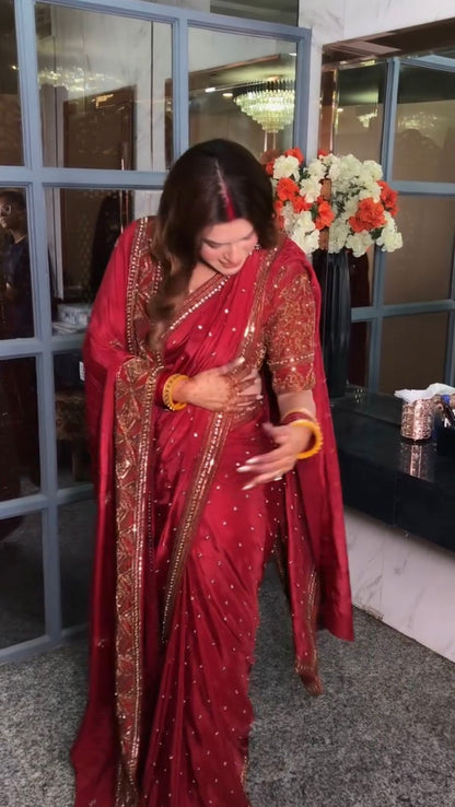 Beautiful Red Japan Satin Silk Saree With Dupatta