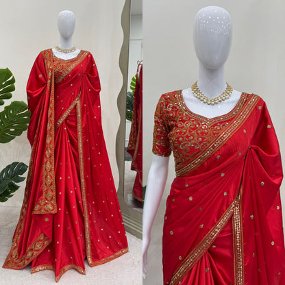 Beautiful Red Japan Satin Silk Saree With Dupatta