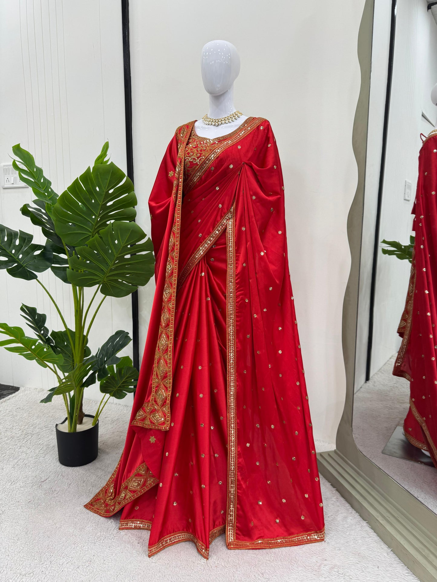 Beautiful Red Japan Satin Silk Saree With Dupatta