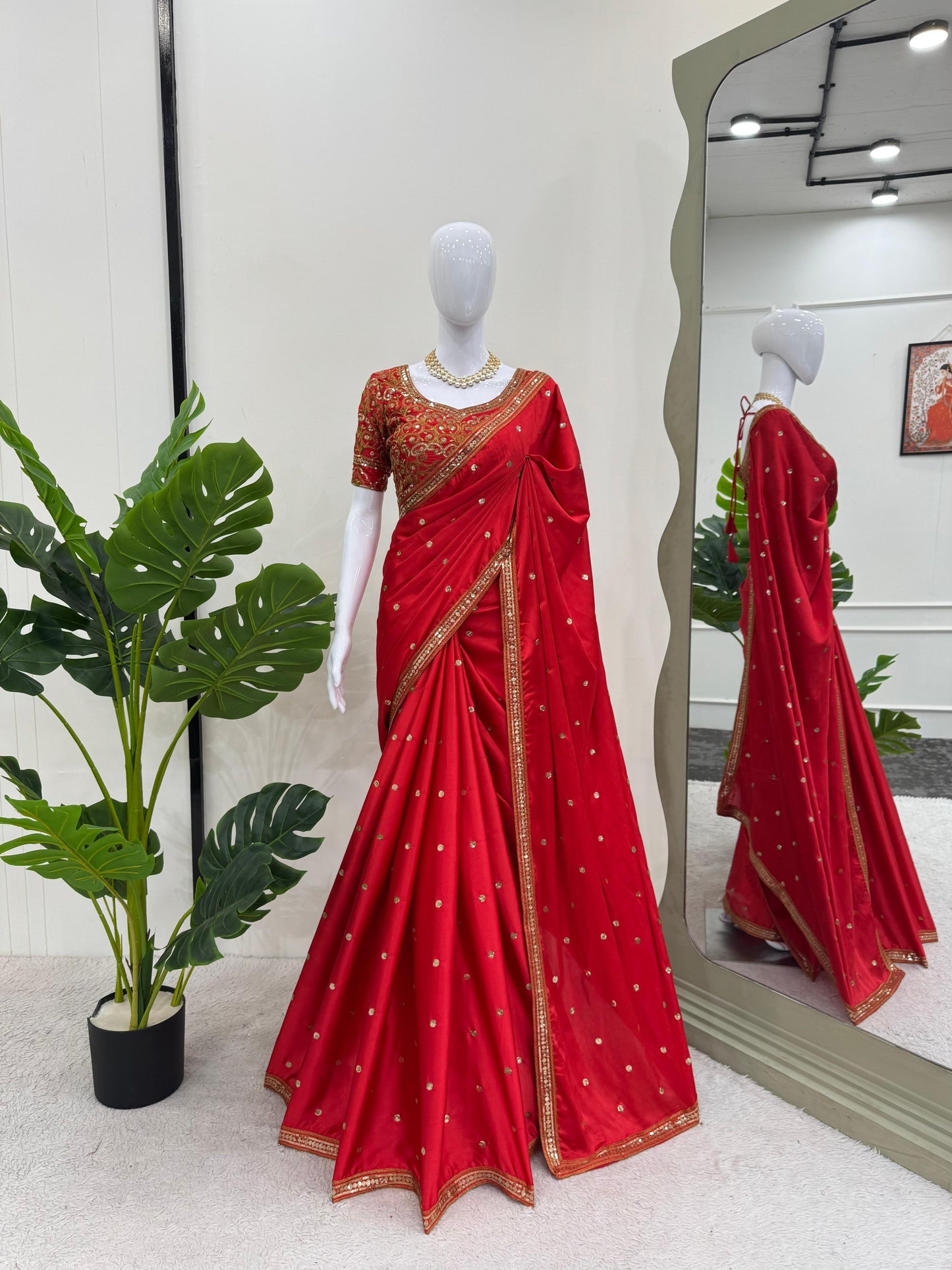 Beautiful Red Japan Satin Silk Saree With Dupatta