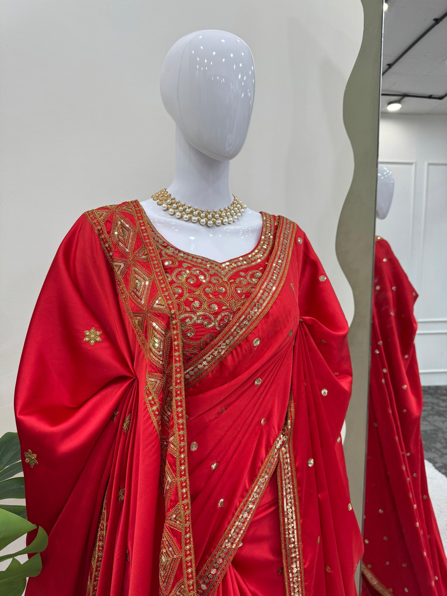 Beautiful Red Japan Satin Silk Saree With Dupatta