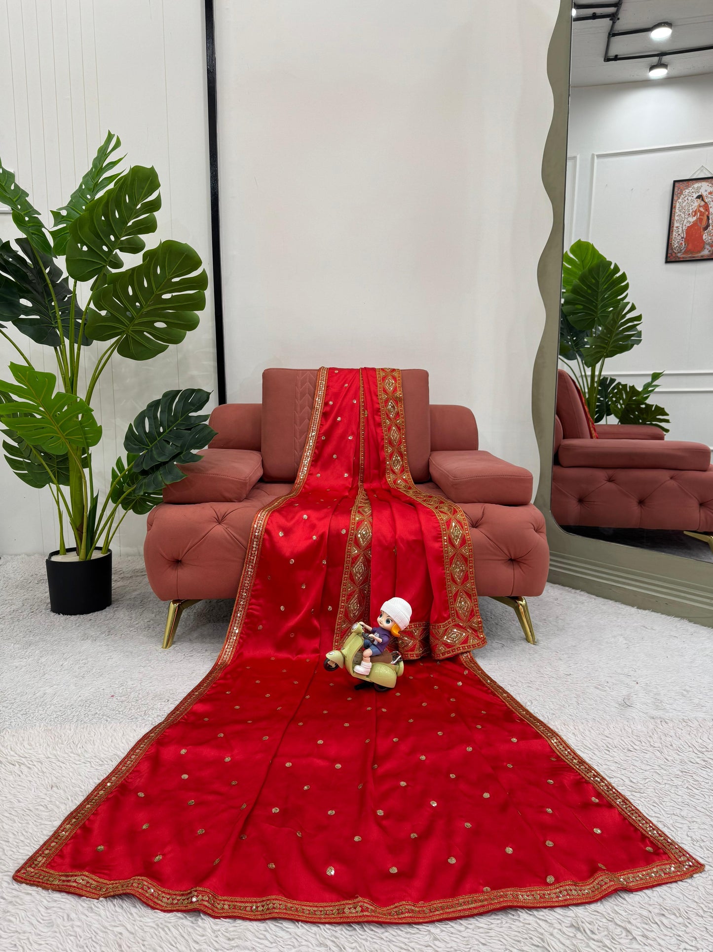 Beautiful Red Japan Satin Silk Saree With Dupatta