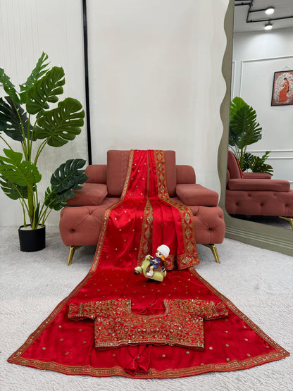 Beautiful Red Japan Satin Silk Saree With Dupatta