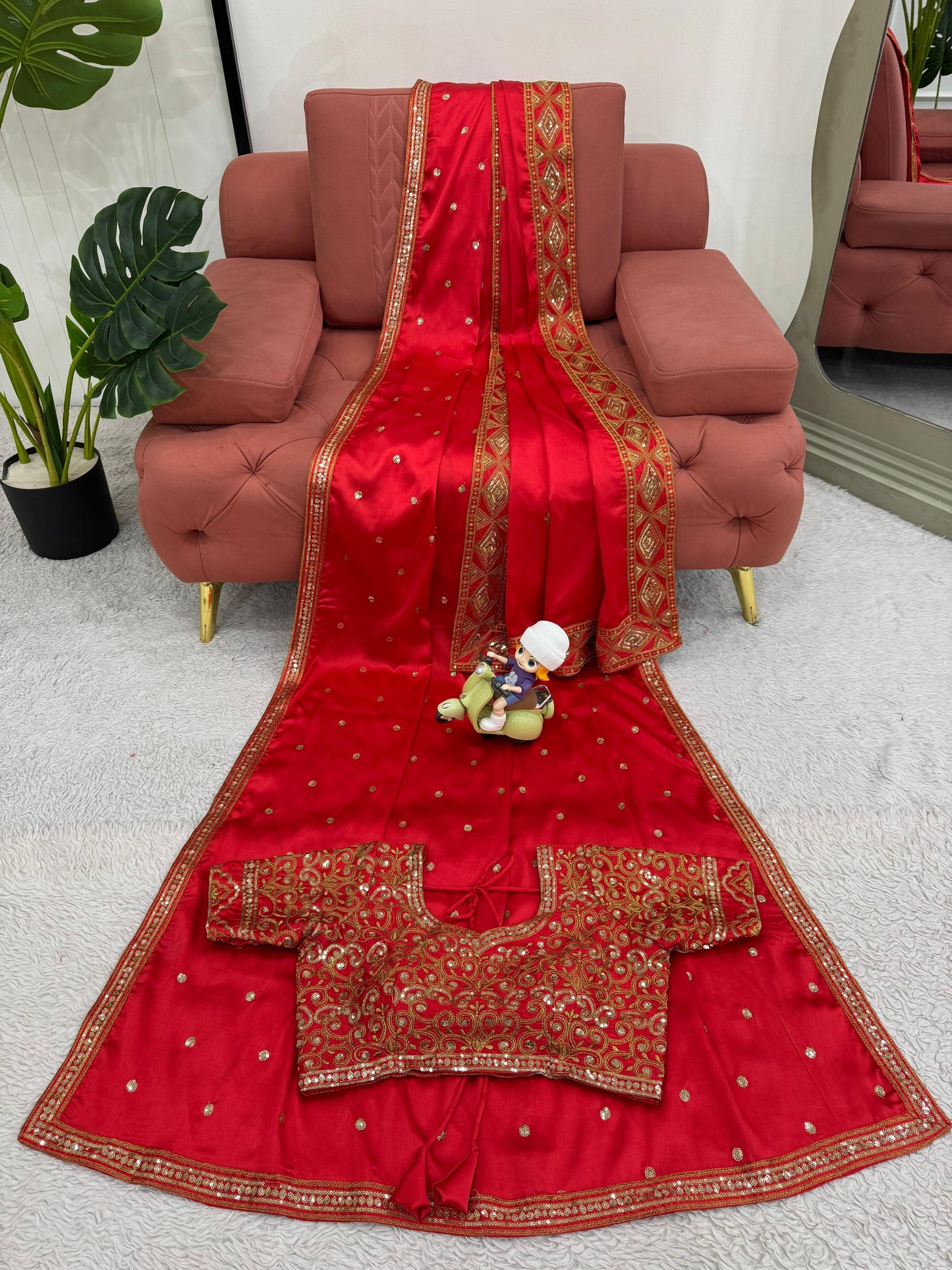 Beautiful Red Japan Satin Silk Saree With Dupatta
