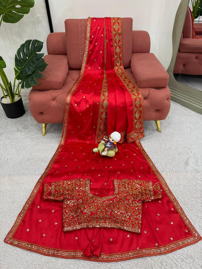 Beautiful Red Japan Satin Silk Saree With Dupatta