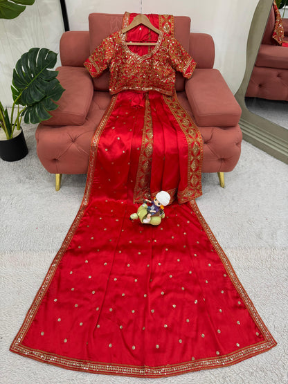 Beautiful Red Japan Satin Silk Saree With Dupatta