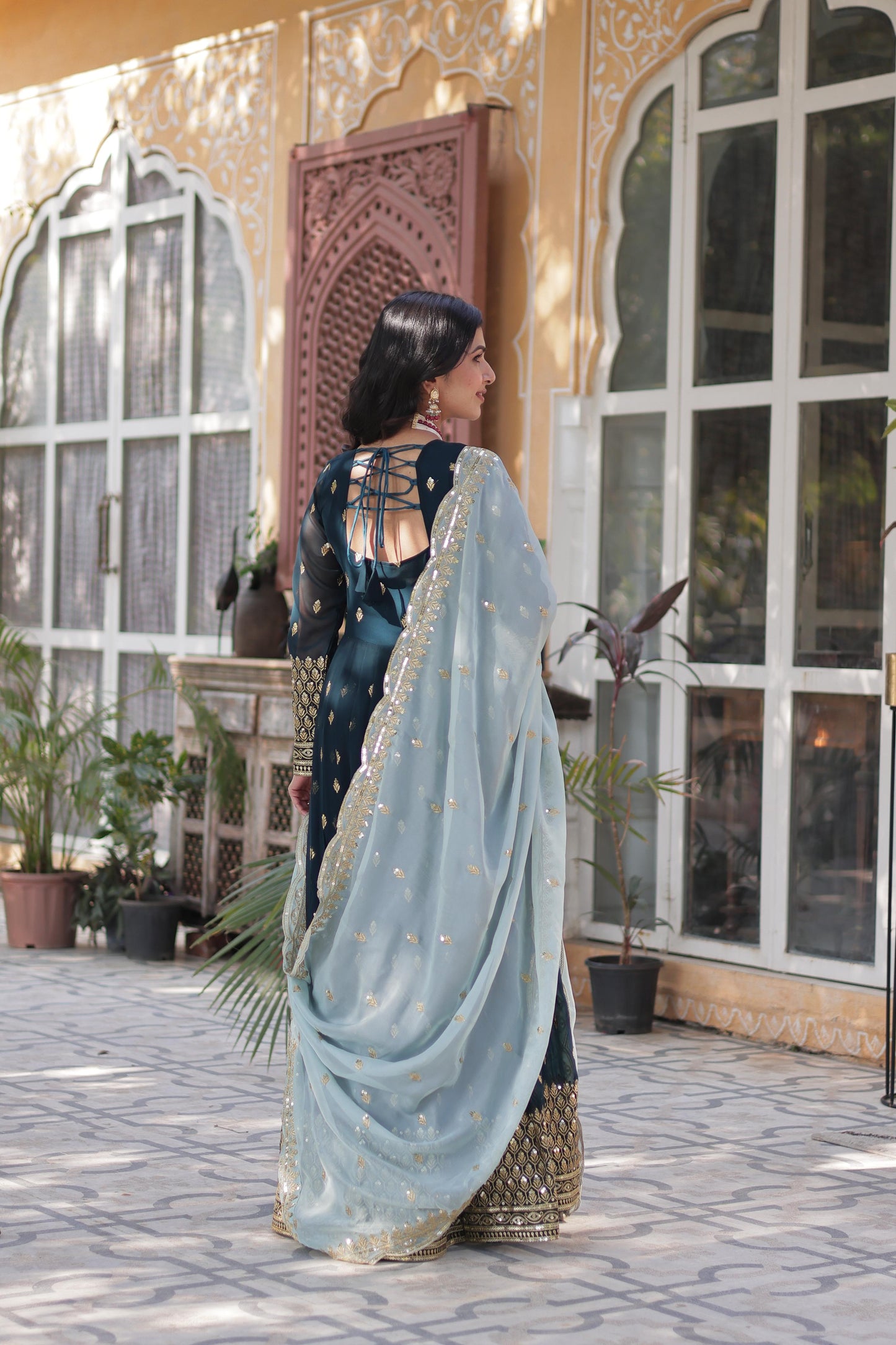 Navy Blue Faux Blooming with Embroidery Zari Sequins-work Gown With Dupatta