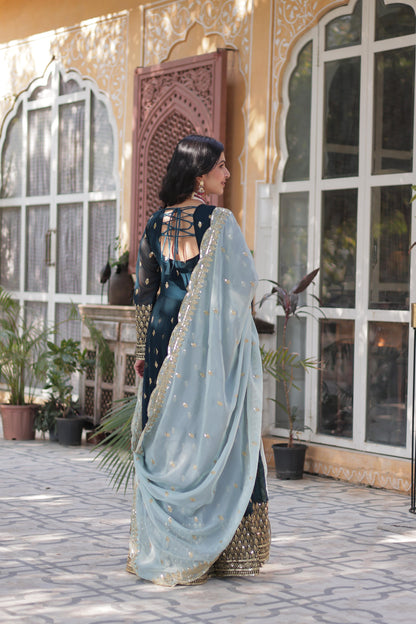 Navy Blue Faux Blooming with Embroidery Zari Sequins-work Gown With Dupatta