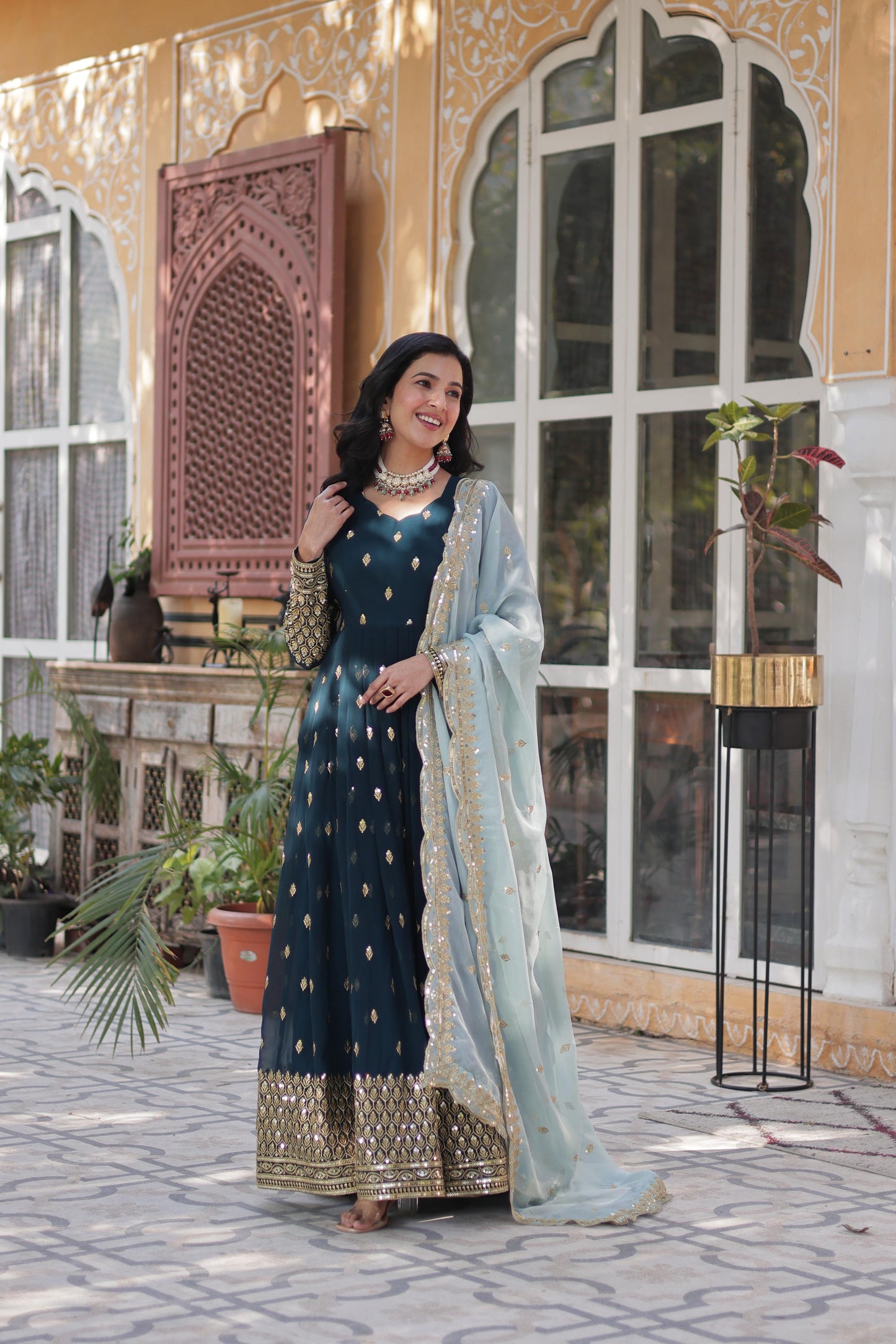Navy Blue Faux Blooming with Embroidery Zari Sequins-work Gown With Dupatta
