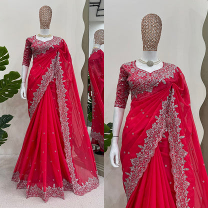 Electric Pink Heavy Tibby Silk With Sequence Work Saree