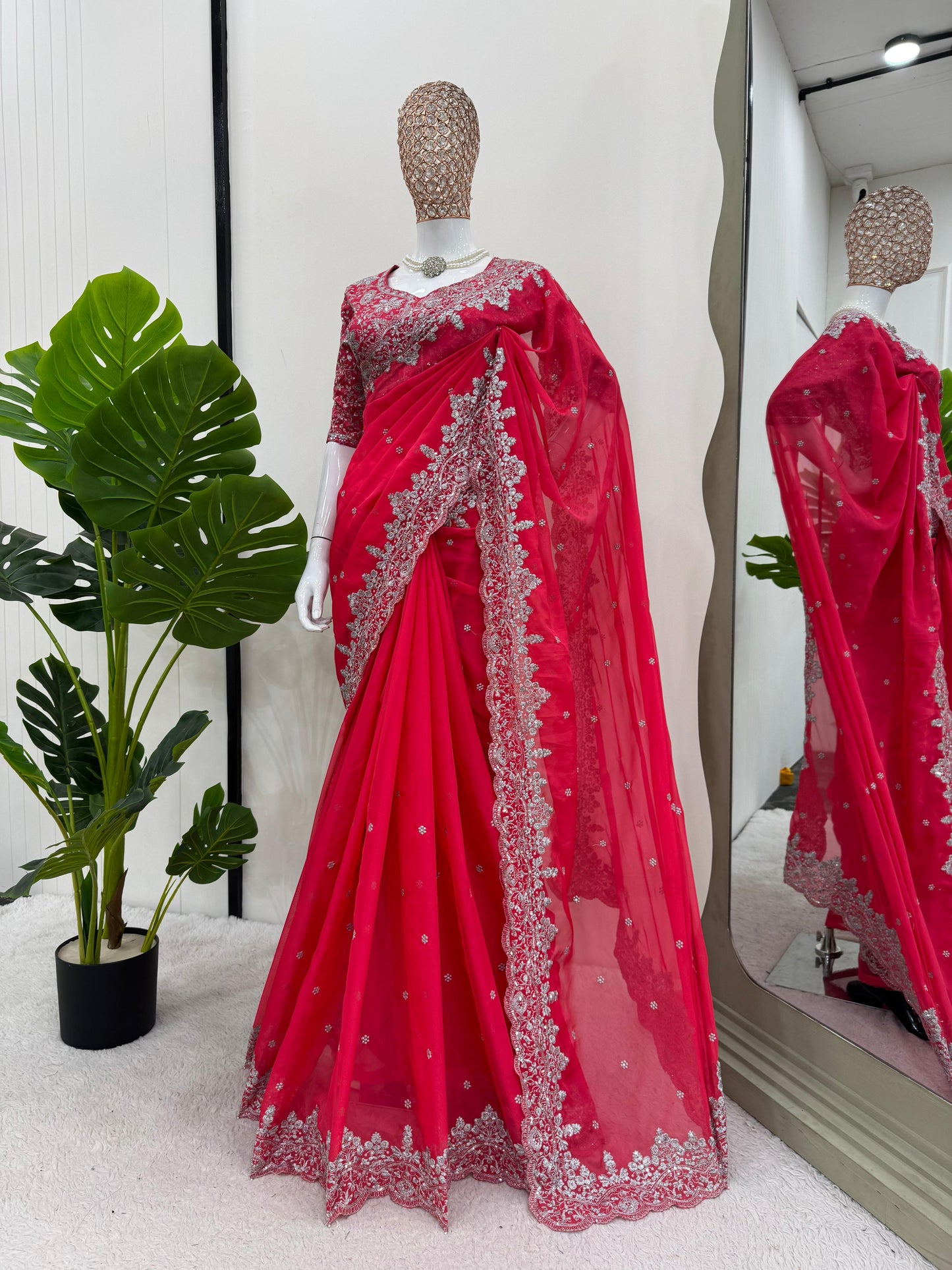 Electric Pink Heavy Tibby Silk With Sequence Work Saree