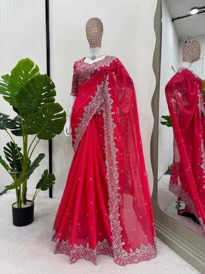 Electric Pink Heavy Tibby Silk With Sequence Work Saree