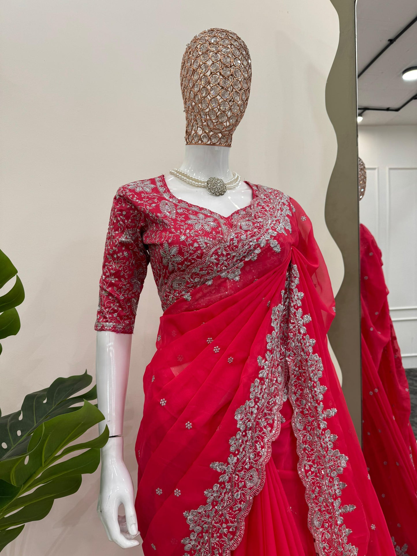 Electric Pink Heavy Tibby Silk With Sequence Work Saree