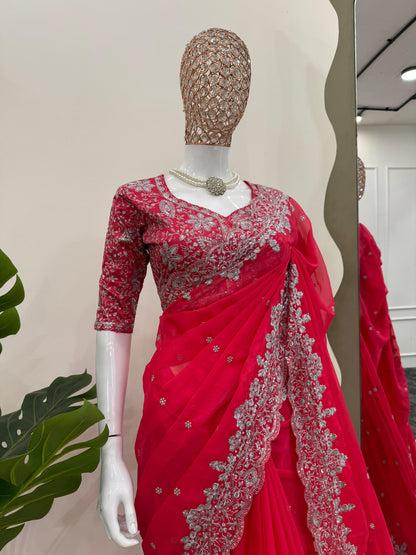 Electric Pink Heavy Tibby Silk With Sequence Work Saree