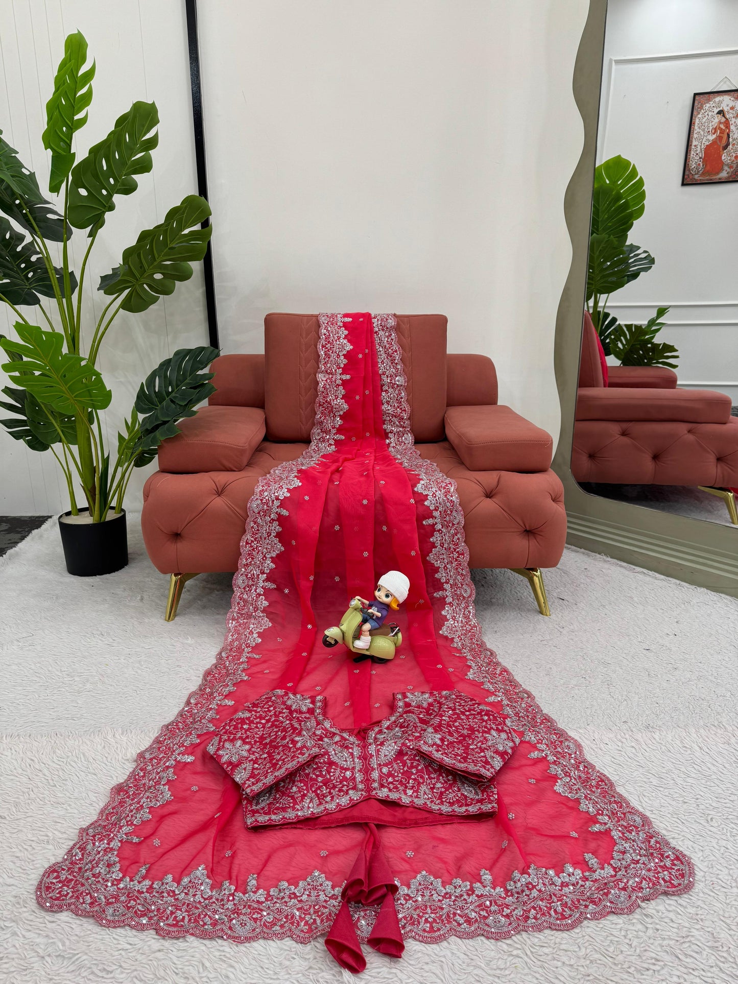 Electric Pink Heavy Tibby Silk With Sequence Work Saree