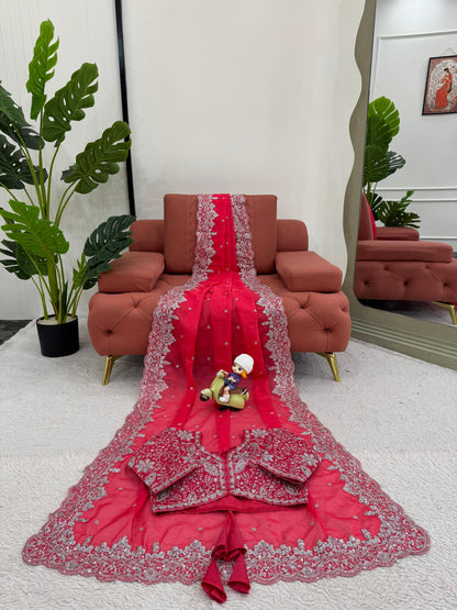 Electric Pink Heavy Tibby Silk With Sequence Work Saree