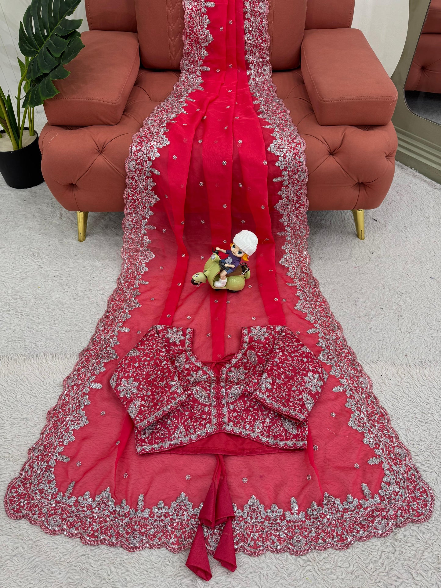 Electric Pink Heavy Tibby Silk With Sequence Work Saree