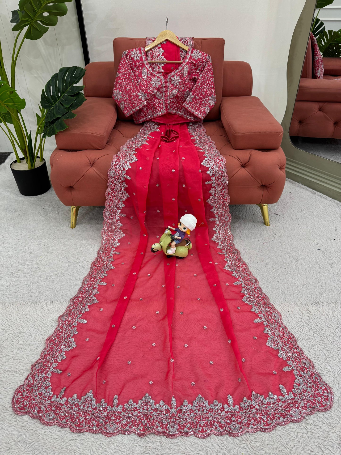 Electric Pink Heavy Tibby Silk With Sequence Work Saree