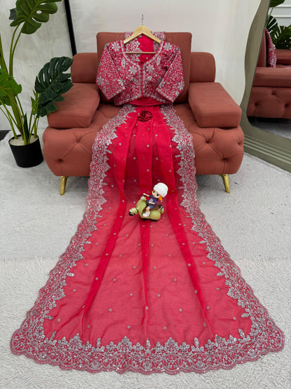 Electric Pink Heavy Tibby Silk With Sequence Work Saree