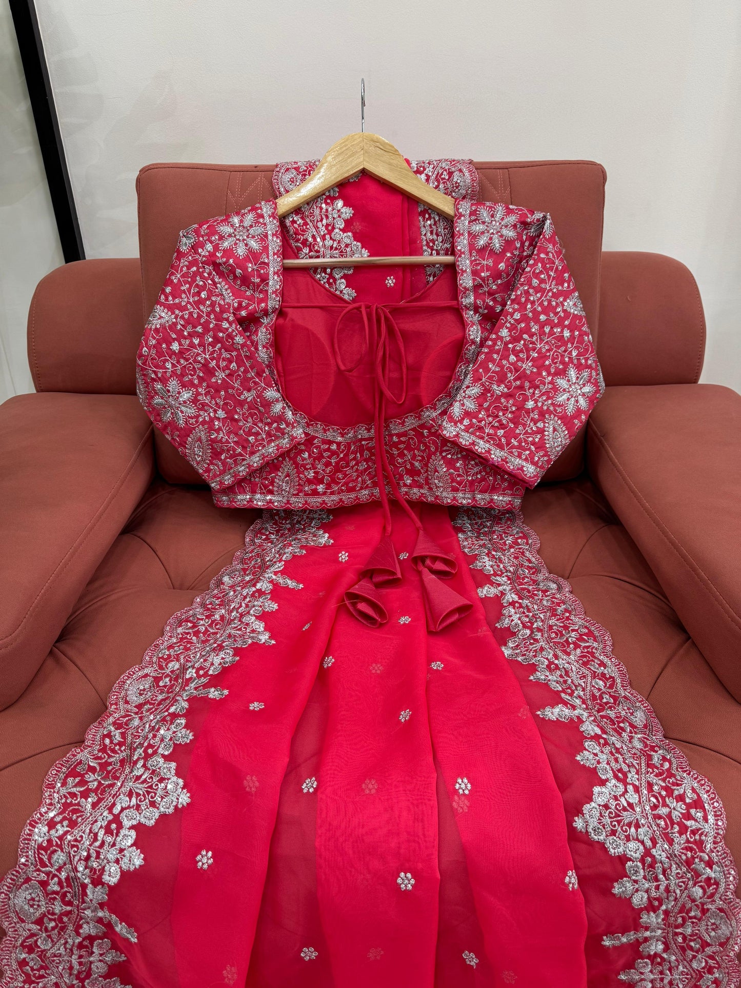 Electric Pink Heavy Tibby Silk With Sequence Work Saree