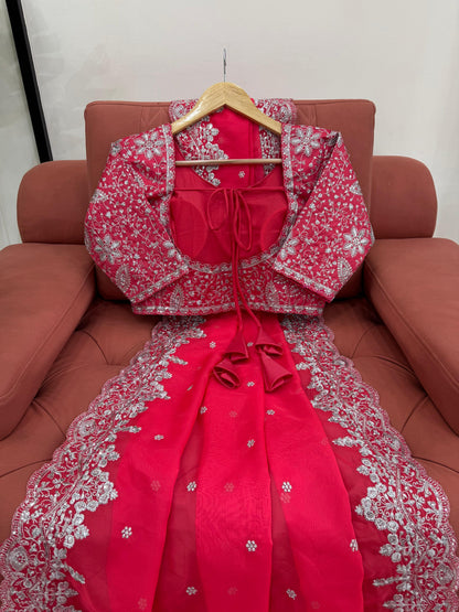 Electric Pink Heavy Tibby Silk With Sequence Work Saree