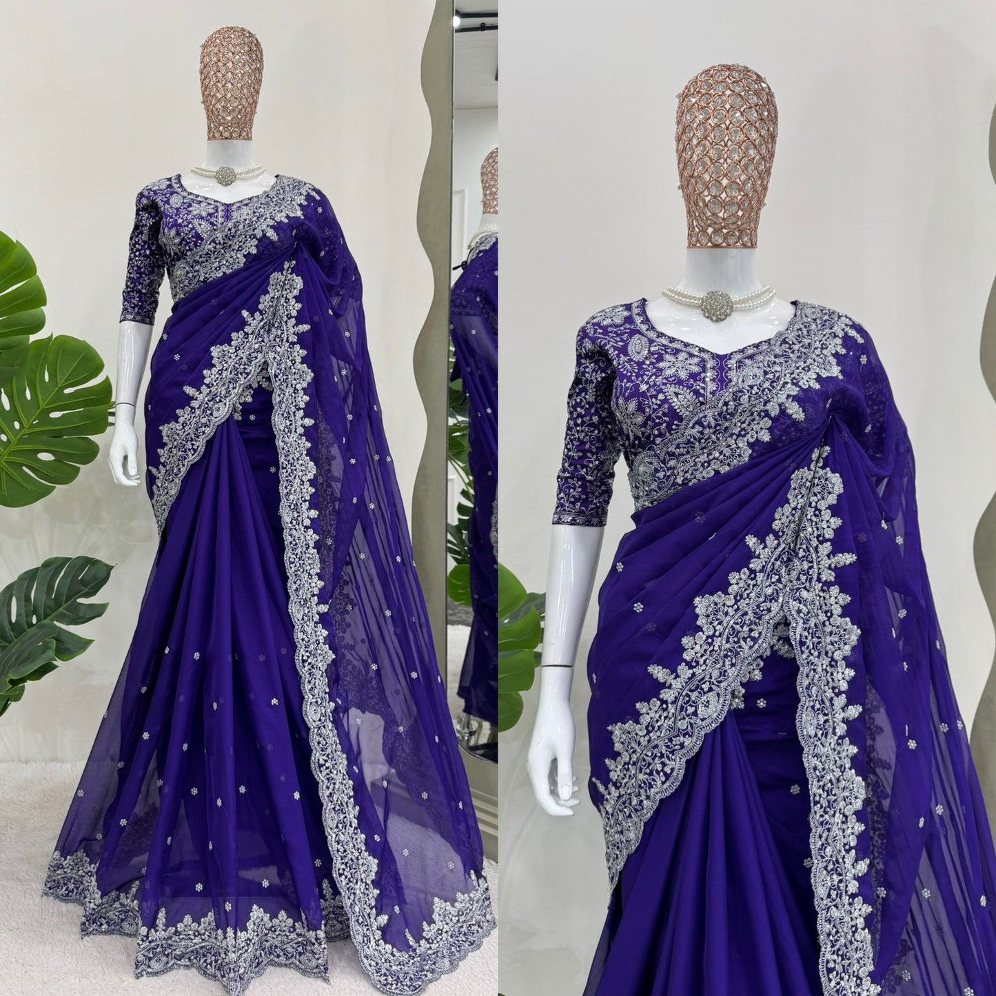 Blue Heavy Tibby Silk With Sequence Work Saree