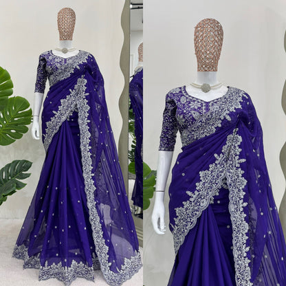 Blue Heavy Tibby Silk With Sequence Work Saree