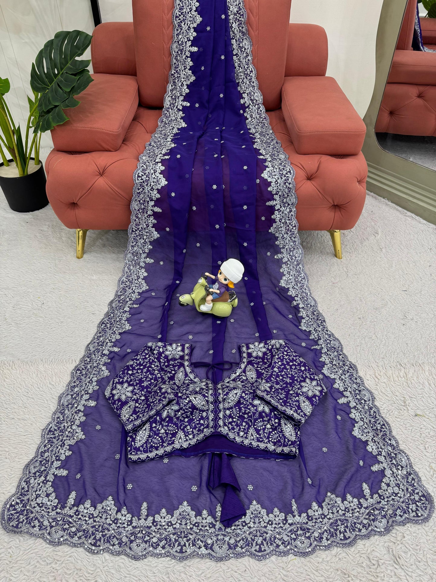 Blue Heavy Tibby Silk With Sequence Work Saree