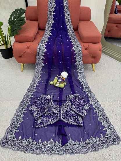 Blue Heavy Tibby Silk With Sequence Work Saree