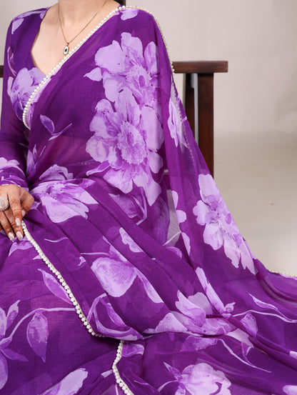 Purple Chiffon Floral Printed Saree