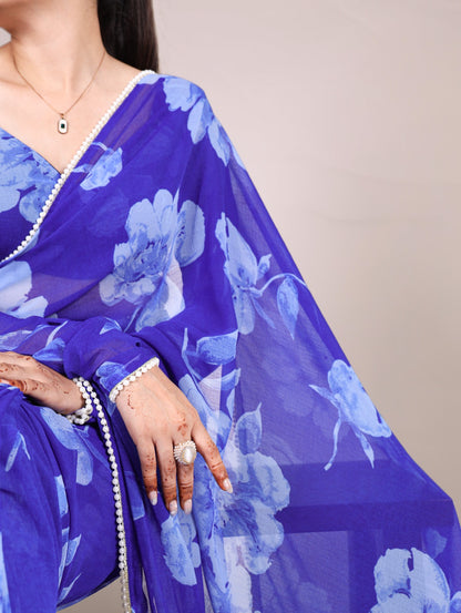 Blue Chiffon Floral Printed Saree