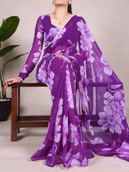 Purple Chiffon Floral Printed Saree