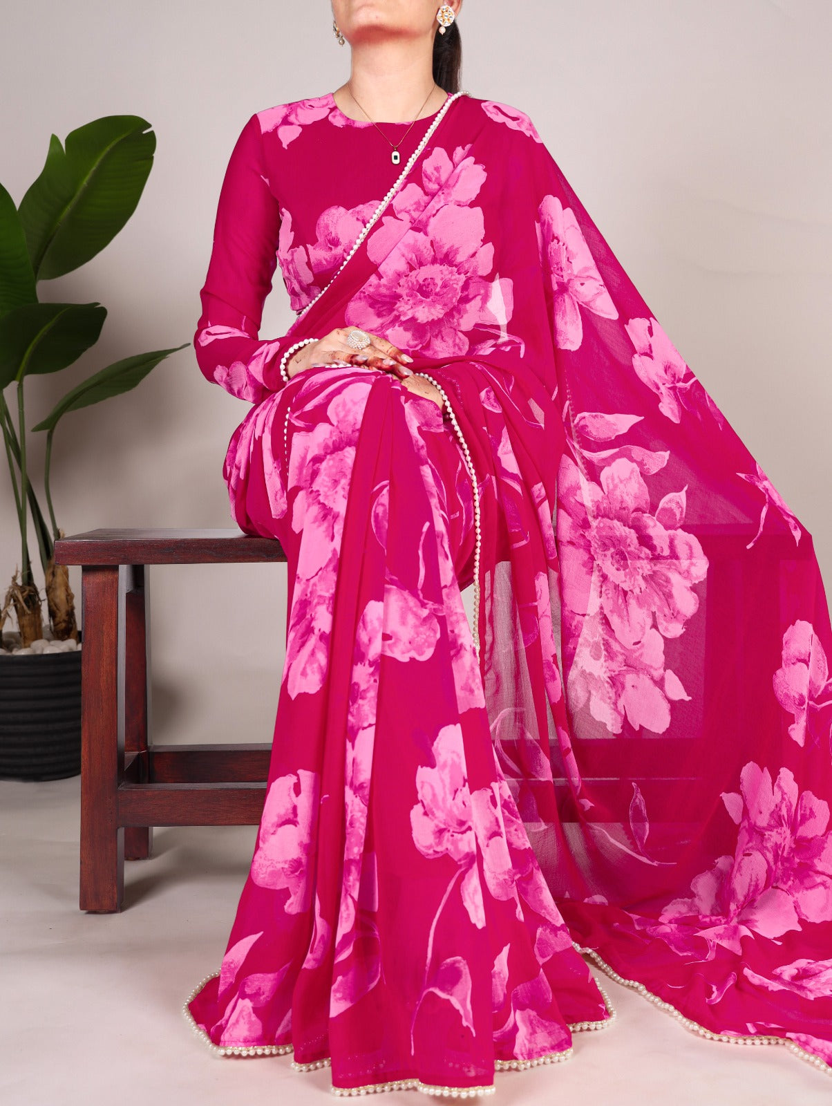 Pink Chiffon Floral Printed Saree