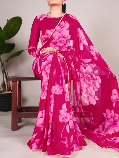 Pink Chiffon Floral Printed Saree