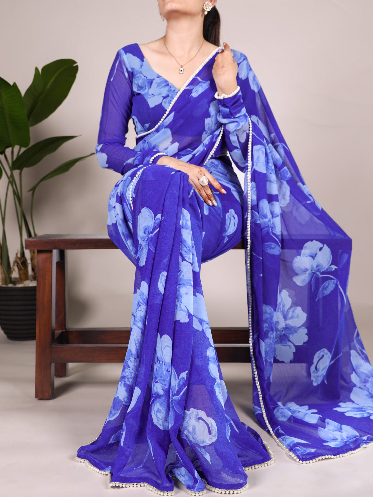 Blue Chiffon Floral Printed Saree