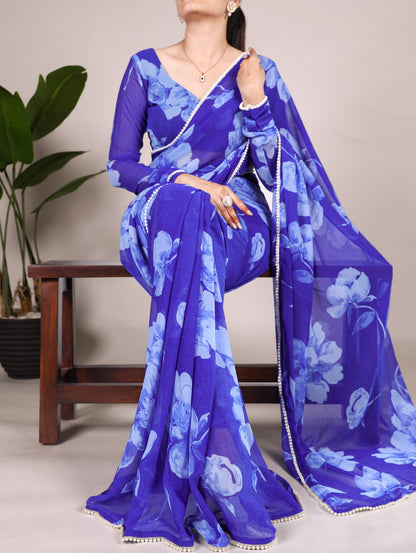 Blue Chiffon Floral Printed Saree