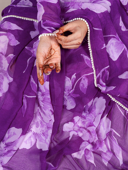 Purple Chiffon Floral Printed Saree