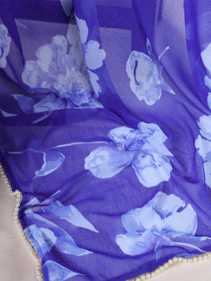 Blue Chiffon Floral Printed Saree
