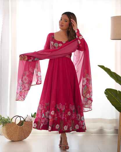 Pink Color Floral Print Organja Anarkali 3PC Kurta Set