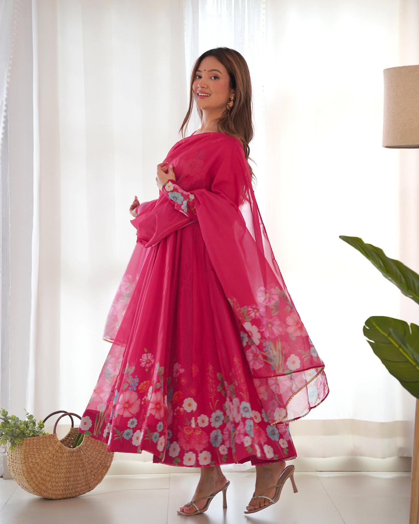 Pink Color Floral Print Organja Anarkali 3PC Kurta Set